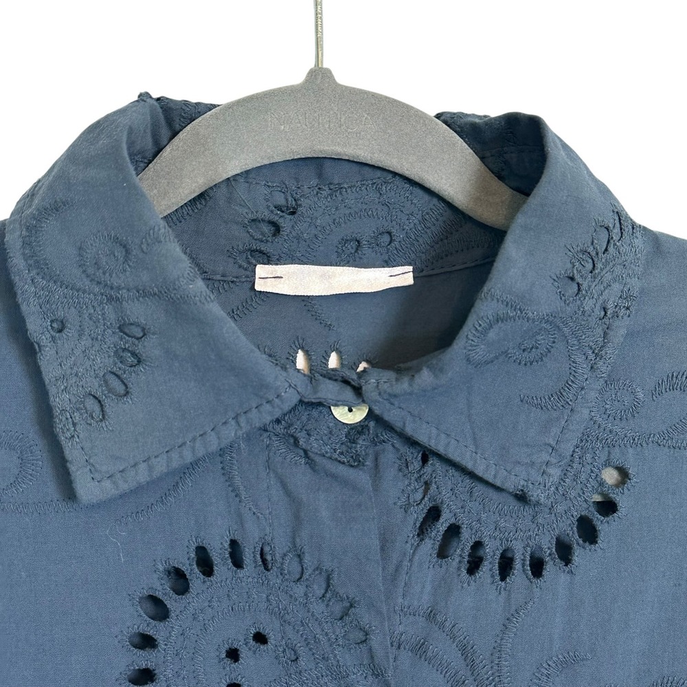 Italian Cotton Eyelet Shirt Dress Blue Embroidered Tunic Long Sleeve L - Picture 5 of 11